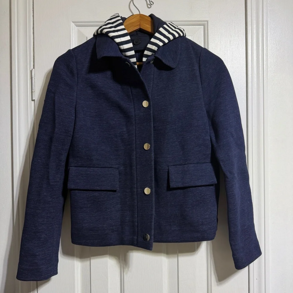 Tory Burch navy blue detachable striped hoodie jacket coat style# 11162501